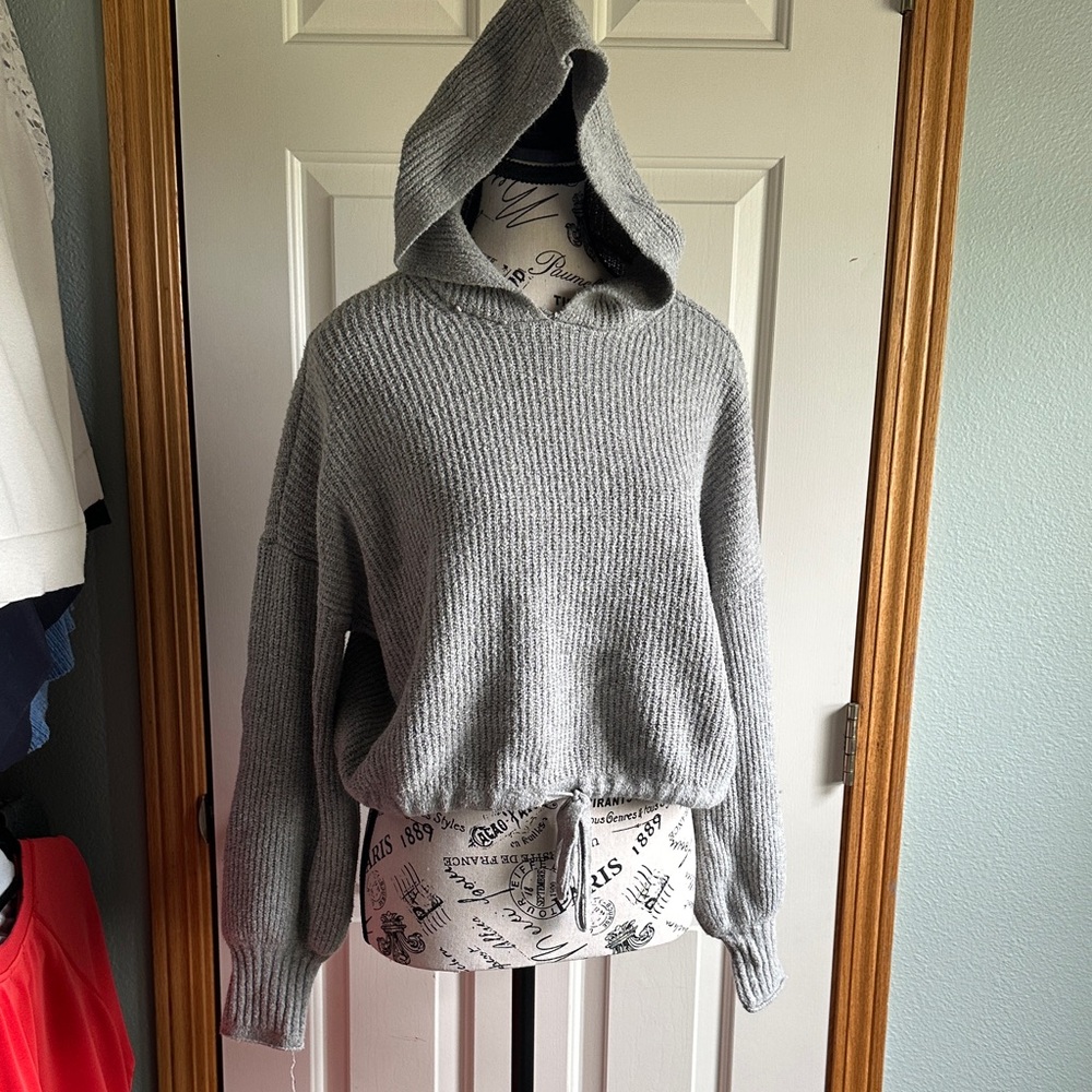 American Eagle Outfitters Light Gray Hooded Knit Sweater